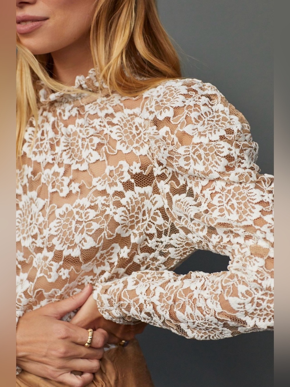 Anthropologie Dolan Sheer Lace Mock Neck Top in Neutral (Price Firm)
